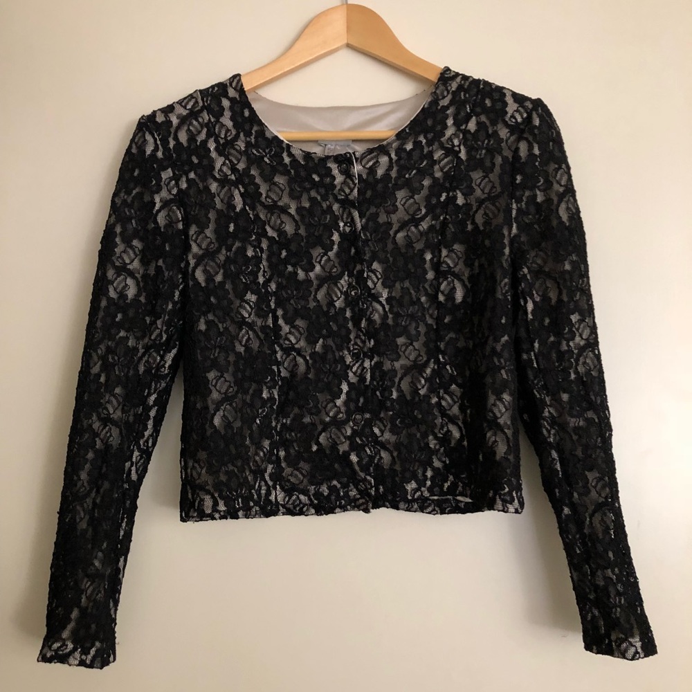 Cropped pink and black lace business jacket